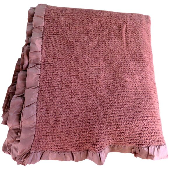 Vintage Acrylic Waffle Weave Blanket All Around Satin Trim Dark Brown USA Made - Picture 11 of 11